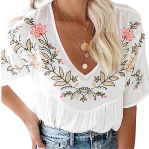 VICI White Floral Embroidered Boho Peplum Blouse V-Neck Rayon JFT980 Small
